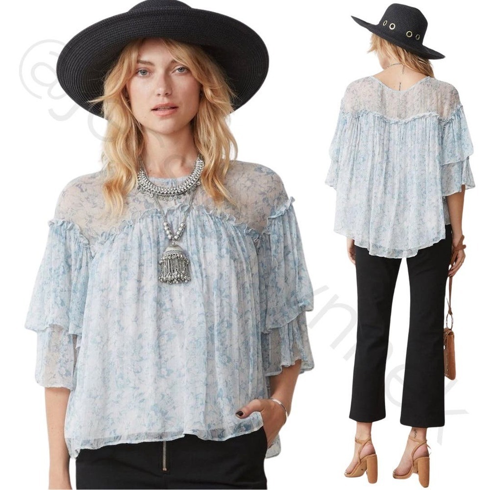 FP Stevie May Floral Georgette Tiered Ruffle Babydoll Blouse Top Light Blue - S